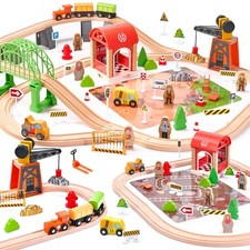 Wooden Train Set 102-Piece for Toddlers Kids Ages 3-8, Double-Sided Expandabl...