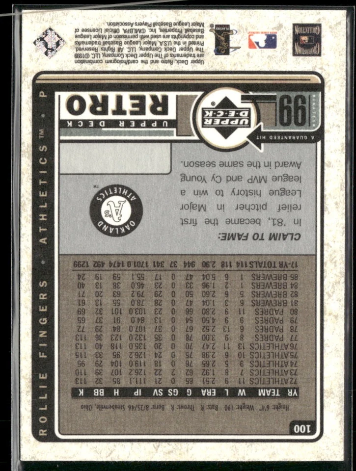 1999 Upper Deck Retro #100 Rollie Fingers - Image 2 of 2