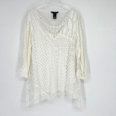 Ali Miles Tunic Top Womens 2X White Knit Tunic Patchwork Sweater Lagenlook