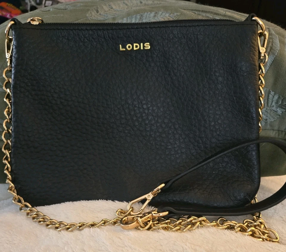 Cartera Lodis-Negro-Bolso Bandolera de Mano - Cuero Guijarro-Correa de Cadena Dorada Foto 2 de 4