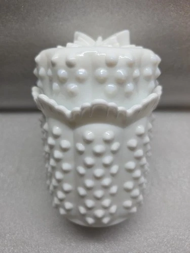 Vtg Fenton Butterfly Milk Glass Hobnail Jar w Lid Cylindrical Candy Dish Vanity