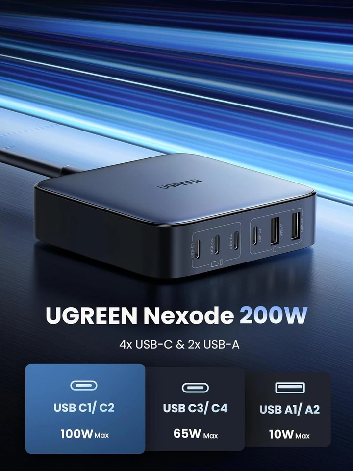 UGREEN USB C Charger Nexode 200W Plug 6 Ports GaN PD Desktop Power Adapter - Image 2 of 4