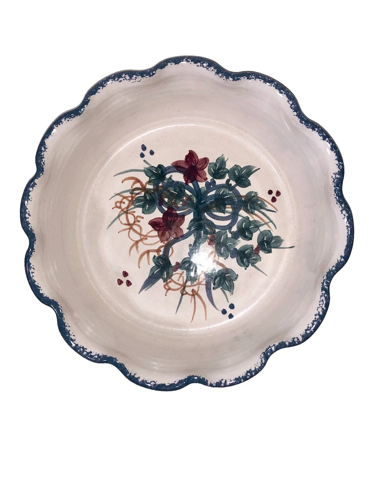 Vtg Deep Dish Pie Casserole Dish Sponge Floral Pottery Ruffle Edge Signed