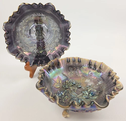 2 Old Carnival Glass Imperial Compote Bowls Footed Gray Purple Amethyst Vtg