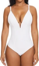 SHAPERIN Women's Deep V Neck Bodysuit Double Line Tummy Control Medium ~NEW~