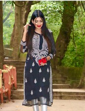 Kurti Chikankari Black kurti Georgette fabric Handmade Lucknow Kurti with inner
