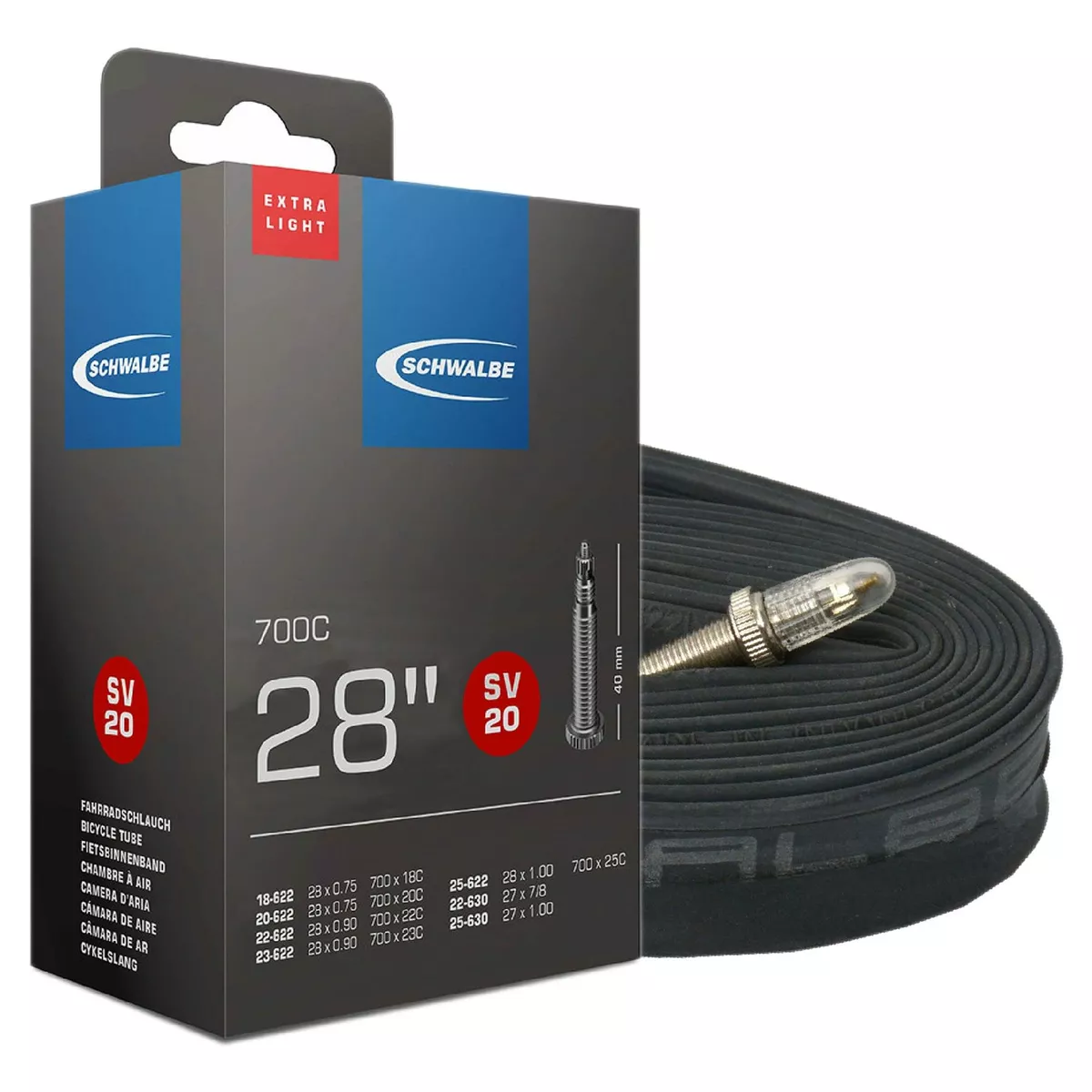 Schwalbe SV20 Extra Light Road Bike Inner Tube 700c x 18 25 Presta