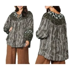 GiGio by Umgee BOHO PRINT DOLMAN PUFF SLEEVE ROUND HEM TUNIC TOP Medium