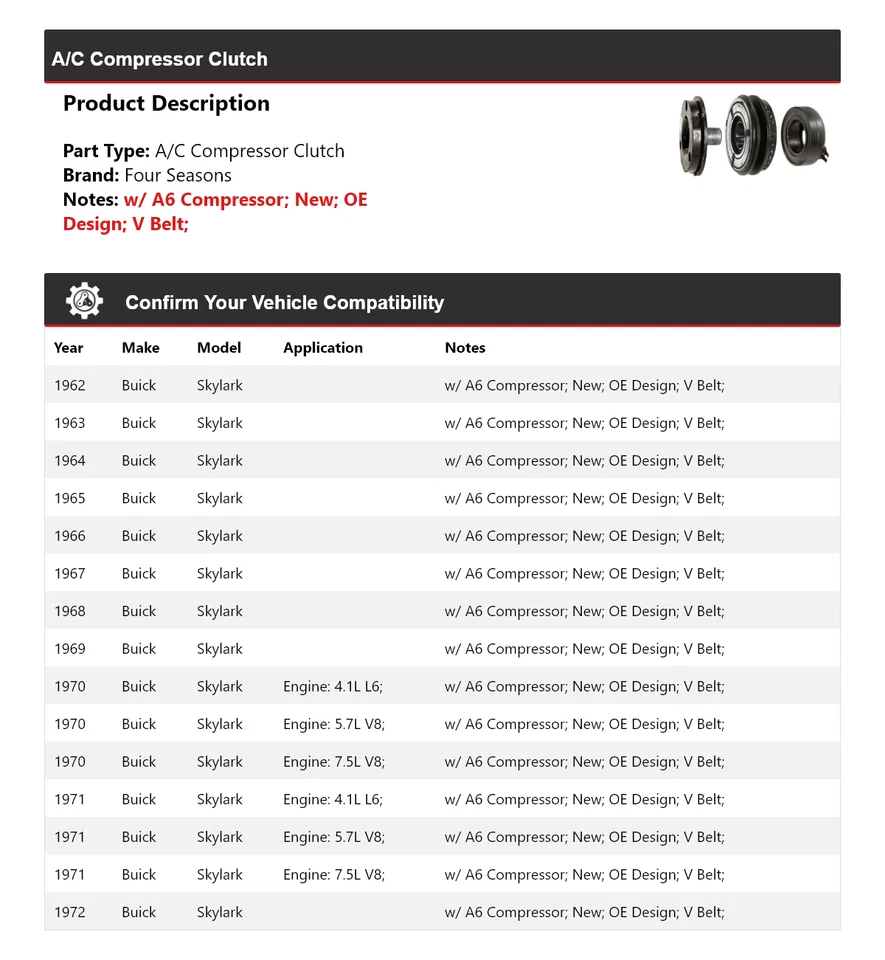 Embrague compresor aire acondicionado Buick Skylark 1962-1972 4 estaciones 1963 1964 1965 1966 Foto 2 de 3