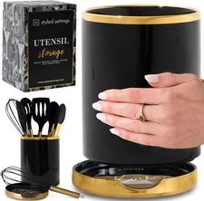 Black and Gold Utensil Holder Built-in Spoon Rest 2 PC Large Ceramic Utensil