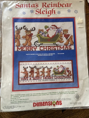 Vtg 1987 Santa's Reinbear Sleigh Counted Cross Stitch Dimensions NEW SEALED Xmas