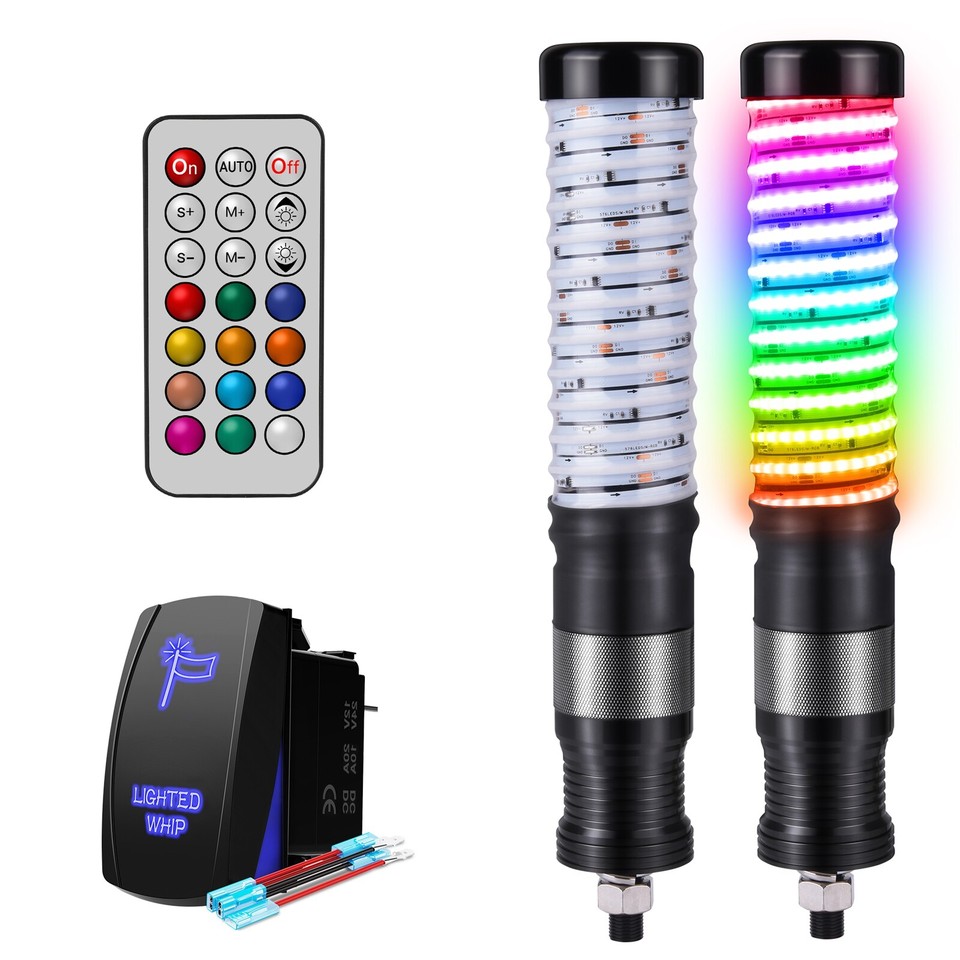 MICTUNING 2pcs 2ft Fat LED Whip Lights For UTV/ATV - RGB+IC App Control, Music Sync, IP68 Waterproof