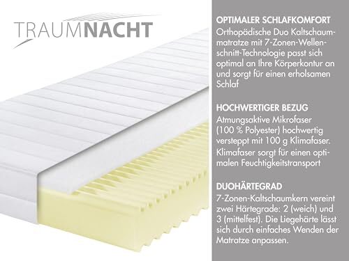Traumnacht Orthopedische 7-zone koudschuimmatras, hardheid 3 (H3 - gemiddeld hard), Öko-Tex gecertificeerd, 140 x 200 cm, hoogte 16 cm, geproduceerd volgens Duitse kwaliteitsstandaard