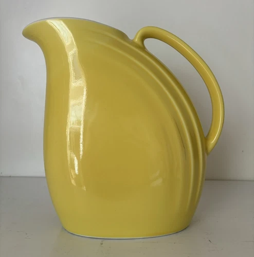 VTG Art Deco Hall Pottery Yellow Exterior White Interior 8 1/4” Pitcher USA MCM