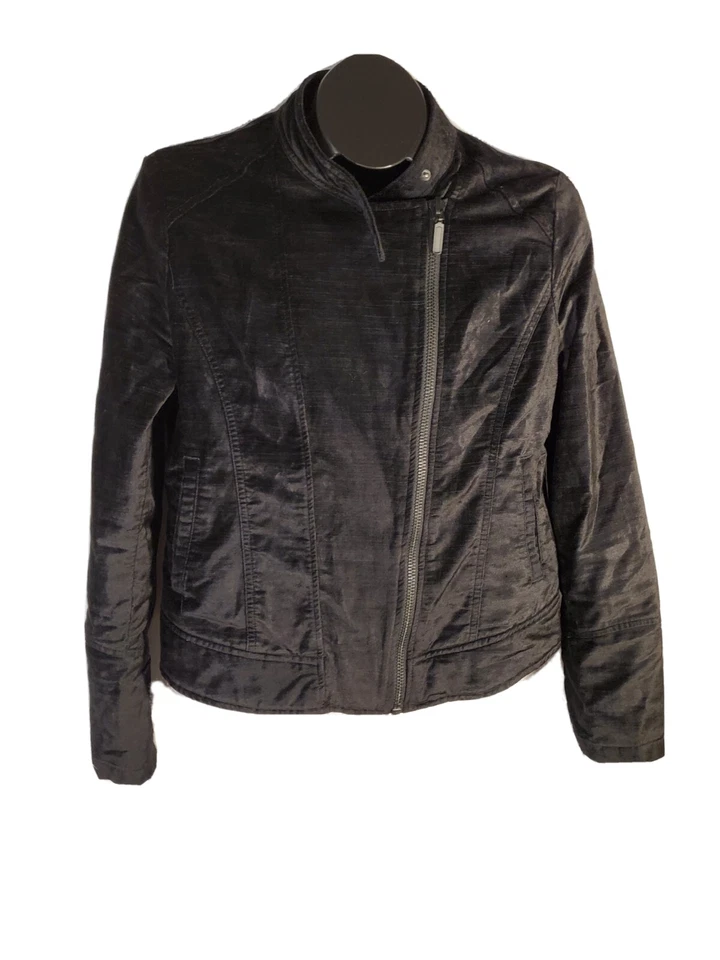 Chaqueta Kensie Jeans Talla Mediana Para Mujer Ajustada Moto Cremallera Completa Terciopelo Negro Foto 3 de 4