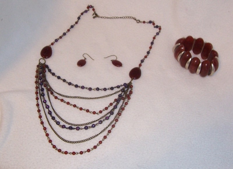 Brown & Purple Beaded Multi Strand Necklace, Earrings, Coordinating Bracelet L18