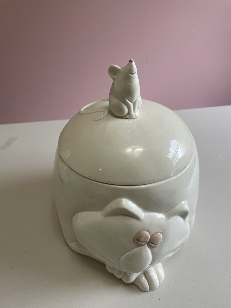 Fitz & Floyd FAT CAT Cookie Jar 1977 w/ Mouse Lid 9.5