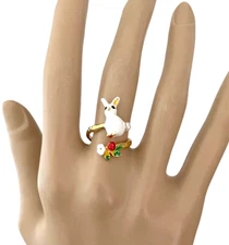 Fun Faux Pearl Tale Bunny Rabbit Lover Multicolor Flowers Enamel Adjustable Ring