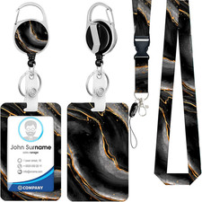 ID Badge Holder with Lanyard and Retractable Badge Reel Clip, Black Marble Break