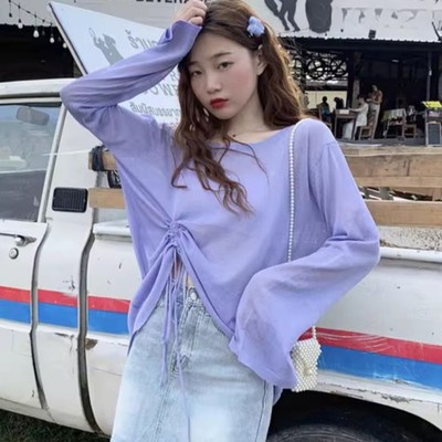 Damen Transparente T-Shirts Tops Blusen Hemden Langarm Retro Mode Freizeit