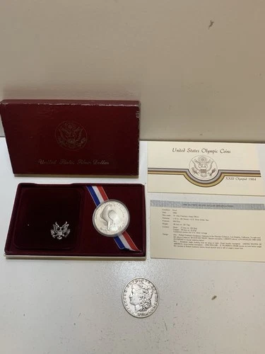 Lot of 1879 Morgan Silver Dollar & 1984 Olympic Silver Coin .77 troy oz 900 Fine