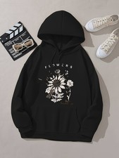 Women's Floral Grass Print Hoodie, Casual Polyester Pullover with Drawstring,