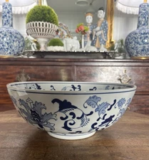 Blue & White Chinoiserie Floral Punch Centerpiece Bowl Cachepot For Bulbs 13.5”