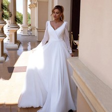 Boho V-Neck Wedding Dresses Long Sleeves A-Line Chiffon Bride Gowns Sweep Train