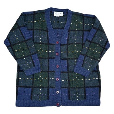Jaeger Karo Strick Cardigan Handgestrickt Wollmischung Blau Pullover Damen Large