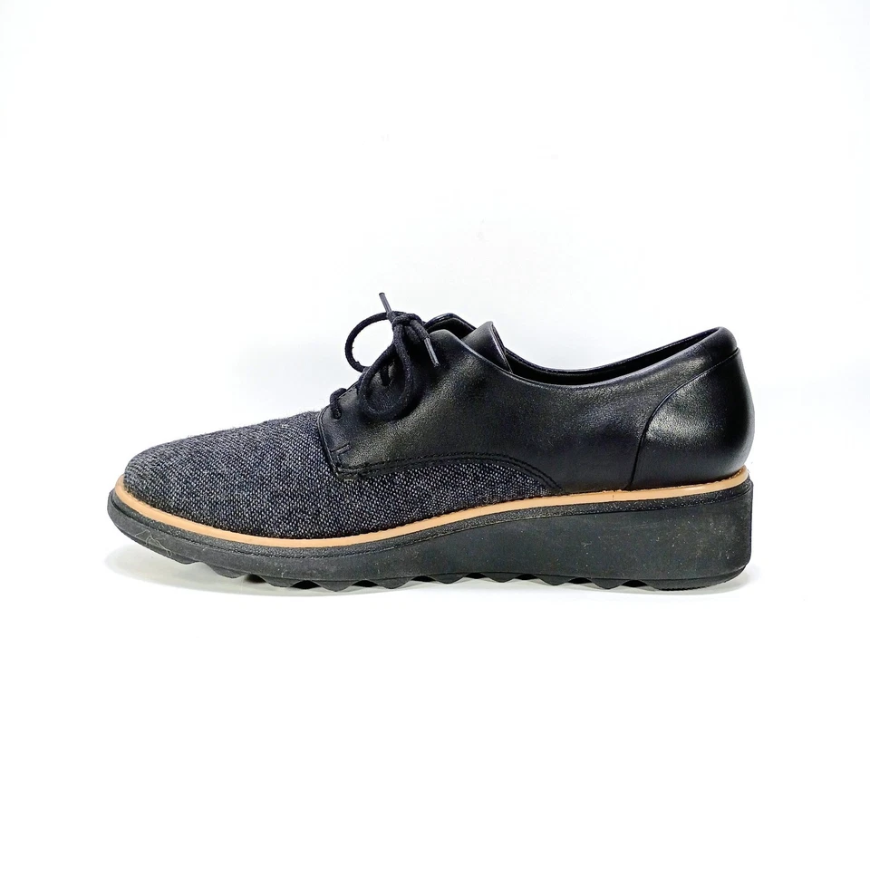 Clarks Sharon Rae Womens 8.5 Gray Tweed And Black Leather Oxford Low Wedge Shoe - Image 2 of 4