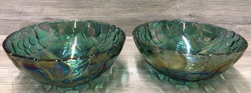 2 Vintage Carnival Glass Iridescent Blue Green  Fruit 10" Round Serving Bowls