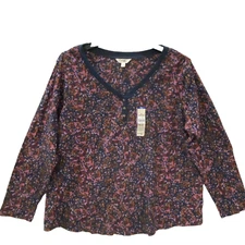 Terra & sky Top Woman's 2X Waffle Thermal Henley V-Neck  Ditsy Garden Dark Navy