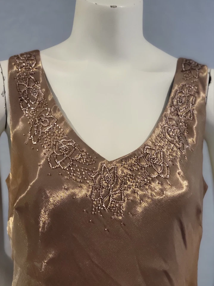 Vintage Rayon David's Bridal Bridesmaid Vneck Dress Gold Cocktail Long 12 Beaded - Image 3 of 4
