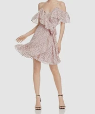 WAYF Women's Pink Elise Ruffled Polka-Dot Cold-Shoulder Wrap Dress Size L