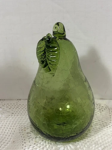 Vintage MCM Green Crackle Blown Glass Pear Paperweight - Blenko?