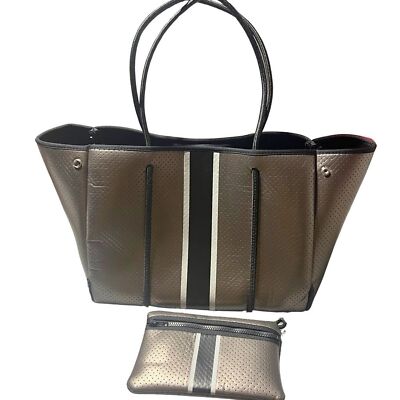 Haute Shore Greyson Neoprene Large Tote Bag & Zipper Pouch Metallic Stripe