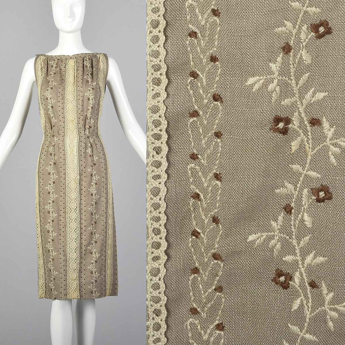 XS 1960s Moygashel Irish Linen Pencil Dress Sleeveless Lace Embroidery  Summer