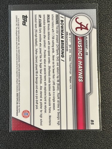 2023 Bowman Chrome U Justice Haynes SAPPHIRE 1st Bowman #85 Alabama - Picture 2 of 2
