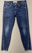 AMO Twist Jeans Womens 28x27 True Blue Distressed Faded Whiskers Dark Wash Denim
