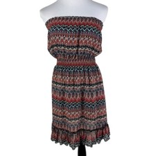 Deb Strapless Multicolor Patterned Ruffle Hem Lined Dress Women's Medium Brown
