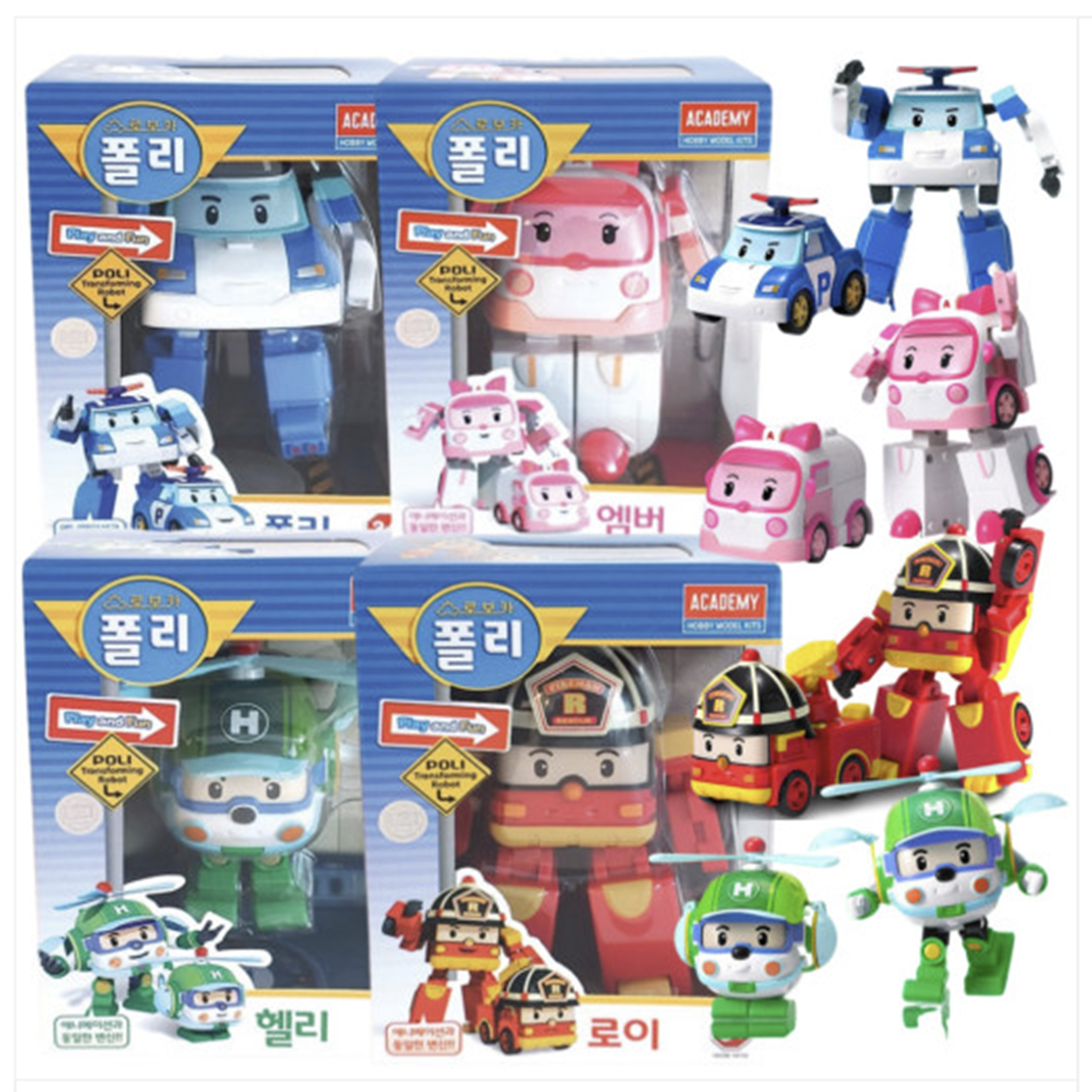 Lot De 4 Robots Transformers Robocar Poli – Poli, Roy, Amber, Helly – Géants, 37cm