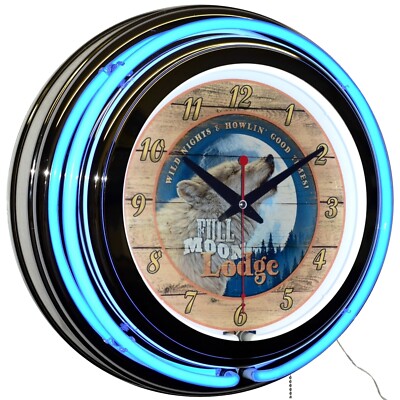 15'' Full Moon Lodge Howling Wolf Wildlife Double Neon Clock Cabin Decor (Blue)