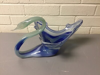 VINTAGE BLUE & GREEN BLOWN GLASS ART SWAN BOWL BEAUTIFUL 13 X 7 X 10 