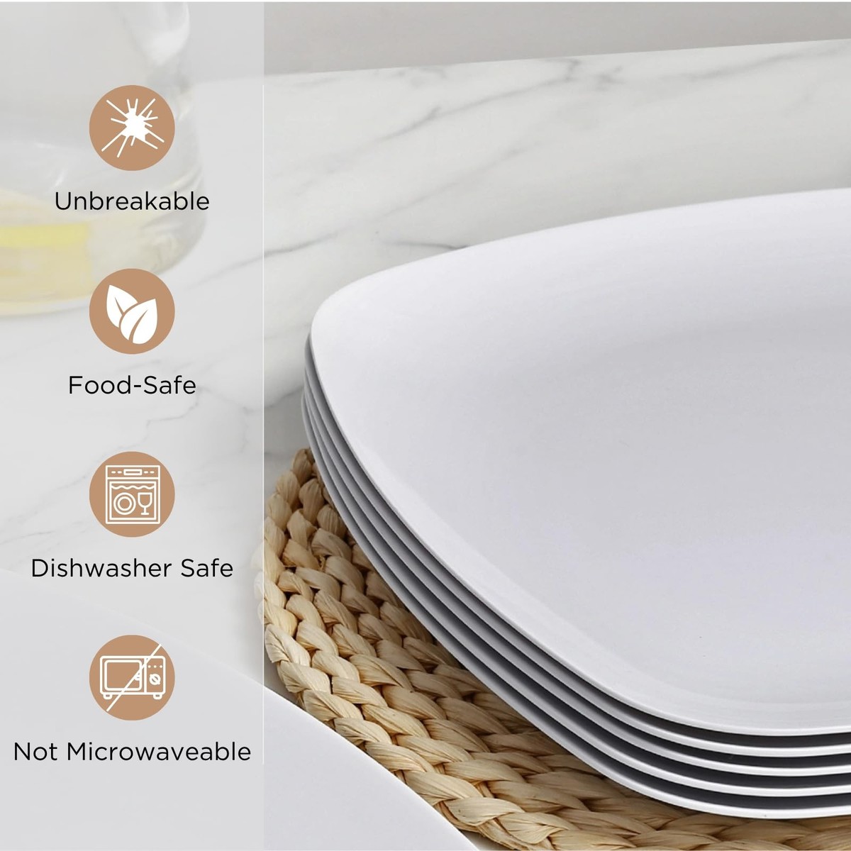 Melamine Square Dinner Plates, 6-piece Plate Set Unbreakable
