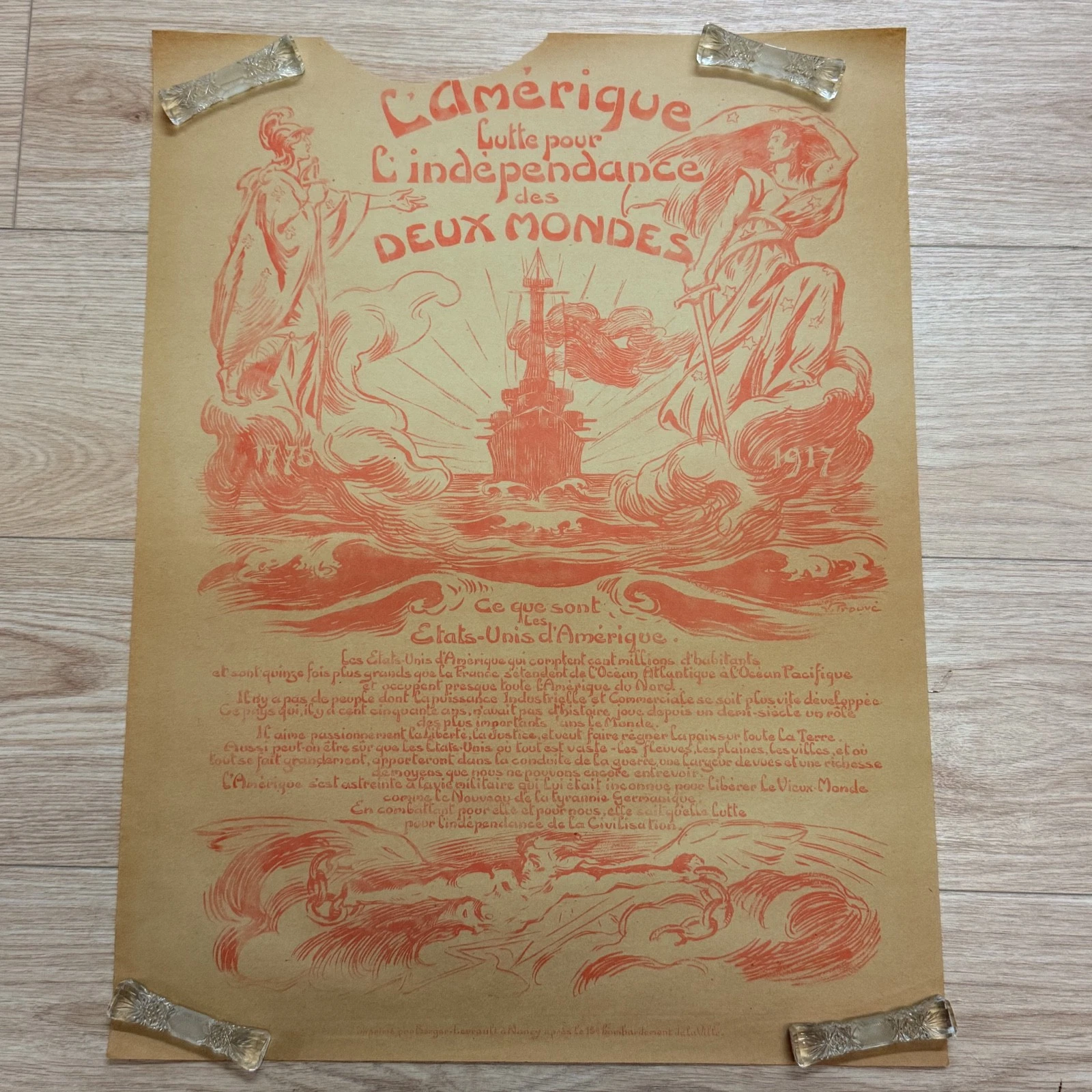 Affiche Victor Prouvé L’Amérique Deux Mondes 1917 WW1 Berger Levrault