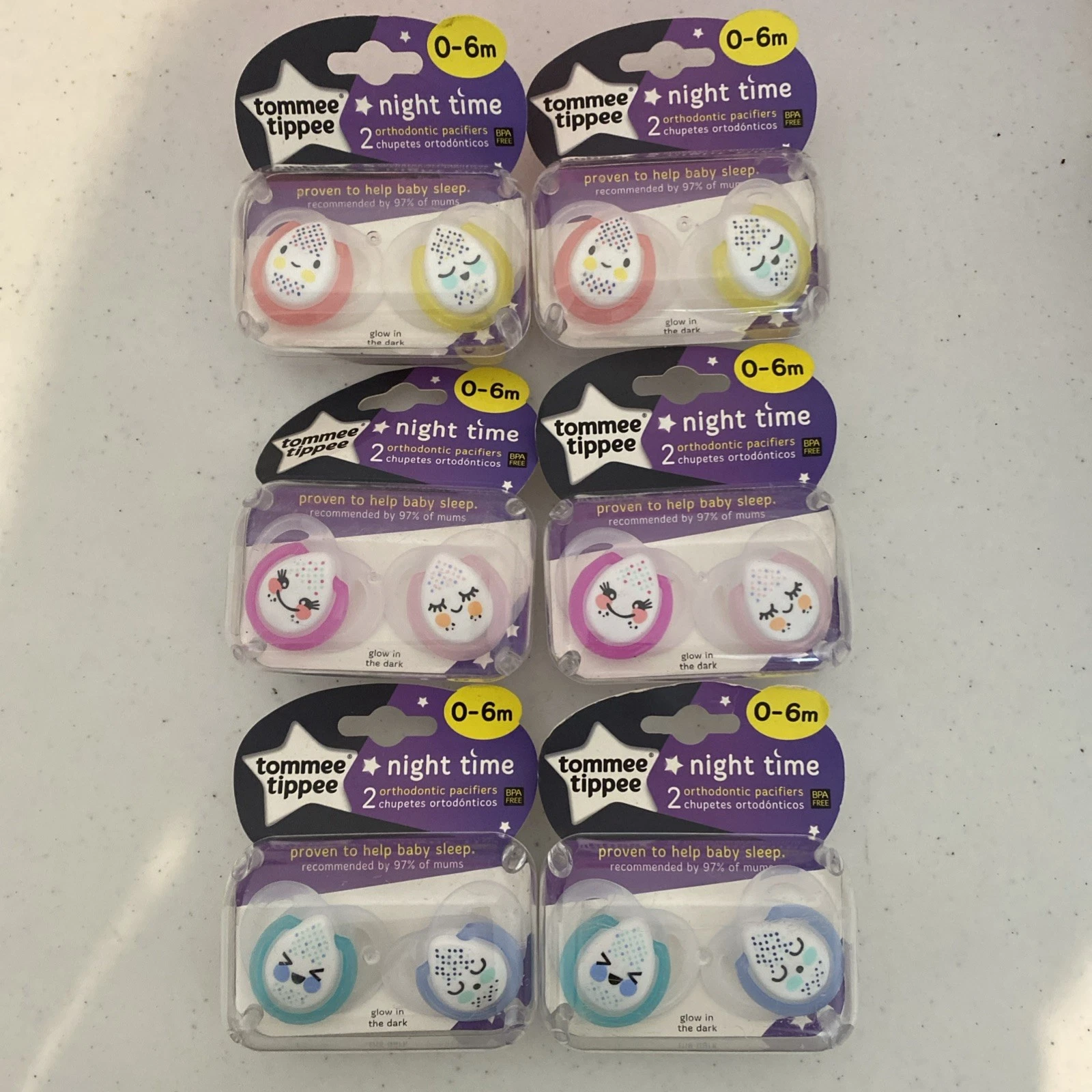 Lot of 6 Tommee Tippee Pacifiers Night Time Orthodontic 2 Pack 0-6 Mo. 12 Total
Opens in a new windo
