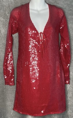 Anthropologie Red Sequin Long Sleeve Mini Dress Size 10 Plunging Neckline 