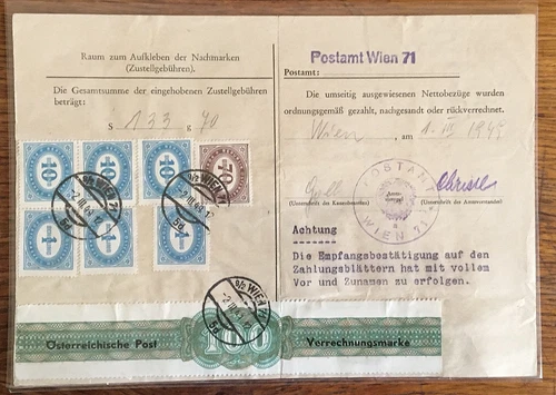 Postformular mit Nachmarken S 33, 70.- frankiert + Verrechnungsmarke ! " Wien  "
