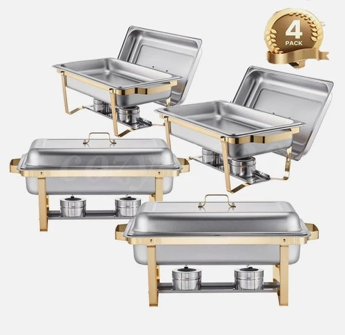 4PC Chafing Dish Buffet Set 9QT Stainless Steel Chafing Dishes Gold Full-Size