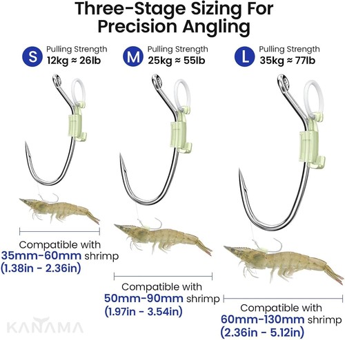 KANAMA Luminous Live Shrimp Hooks - High-Carbon-Steel Saltwater M ×10, Silver  - Picture 2 of 2